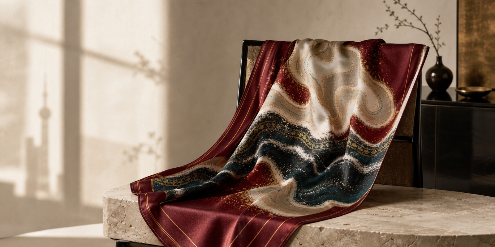 Rivée natural silk carré, draped over a travertine console